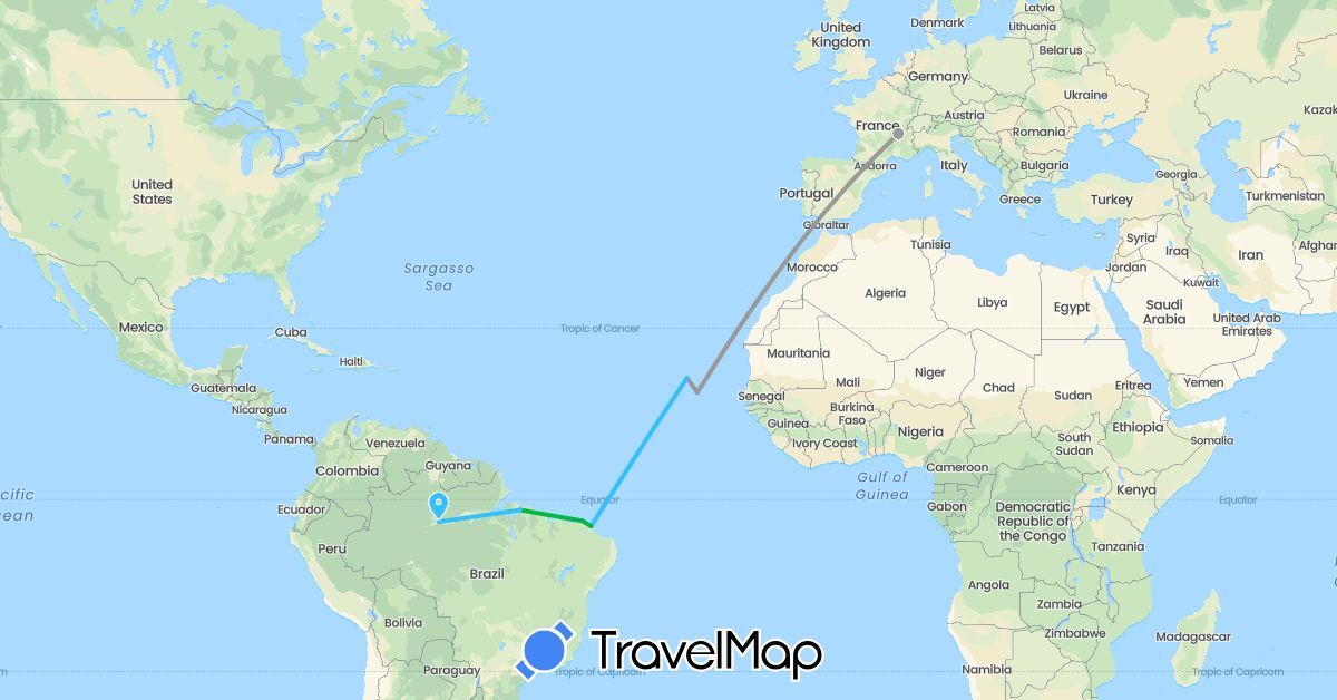 TravelMap itinerary: driving, bus, plane, boat in Brazil, Cape Verde, France (Africa, Europe, South America)